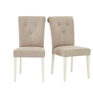 Annecy Pair of Upholstered Fabric Roll Back Dining Chairs in Soft Grey Paint on Furniture Village